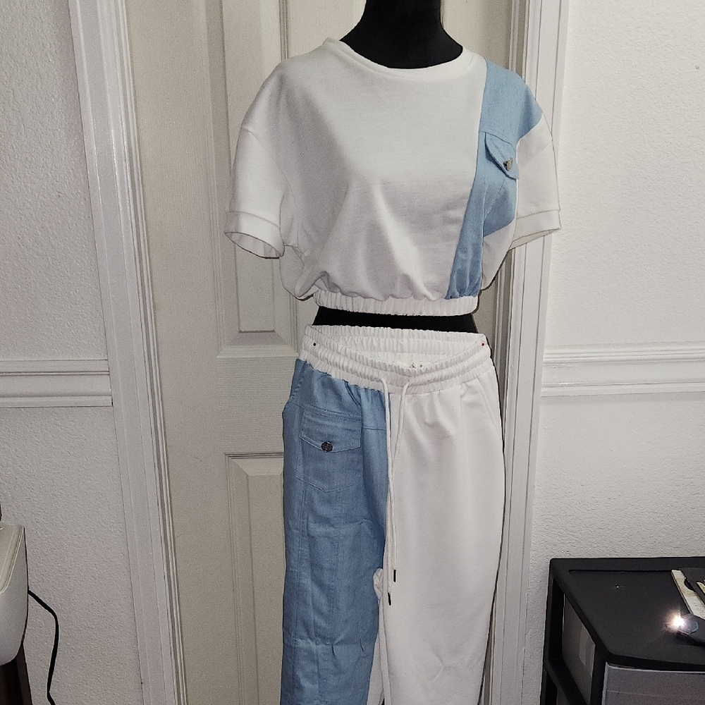 Two-Tone Set White and Blue Joggers